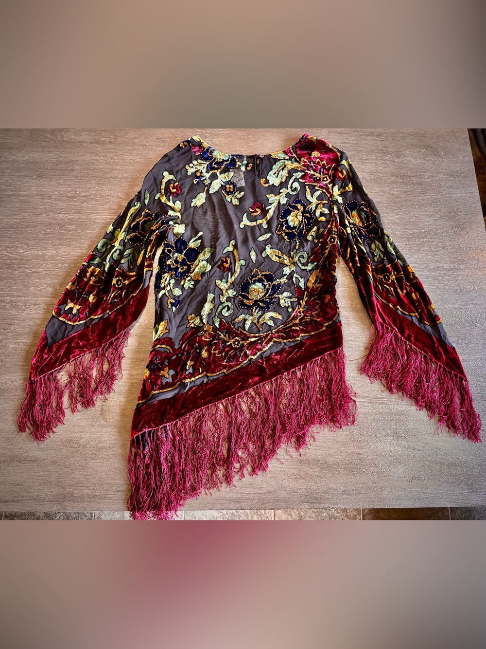 🤍Vintage Silk Fringe Beaded Patchwork Blouse Asymmetrical Top M - Picture 5 of 15